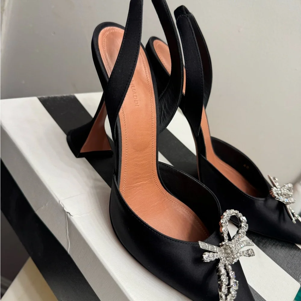 Amina Muaddi Black Satin Women's Heels with Crystal Bow - Picture 4 of 5